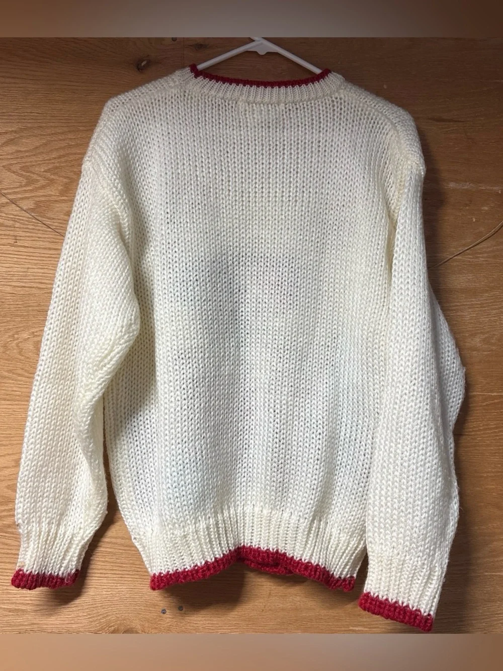 Evian II Vintage Hand-knitted Sweater with Red Trim and Holiday Motif